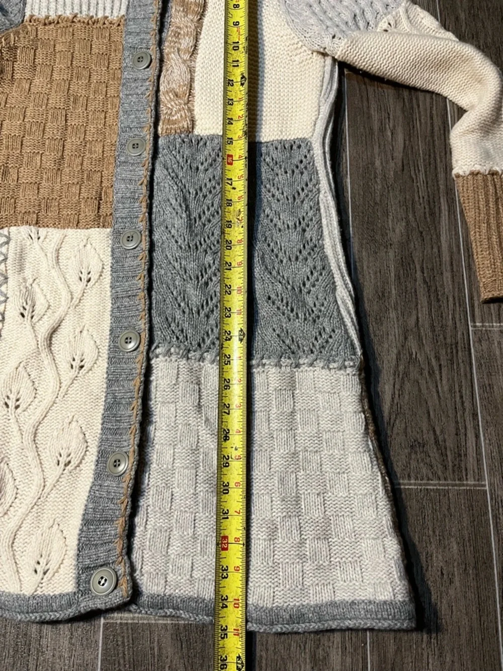 Sundance Patchwork Knit Duster Sweater Gray Tan Cream Lambswool Womens Small - Picture 8 of 8